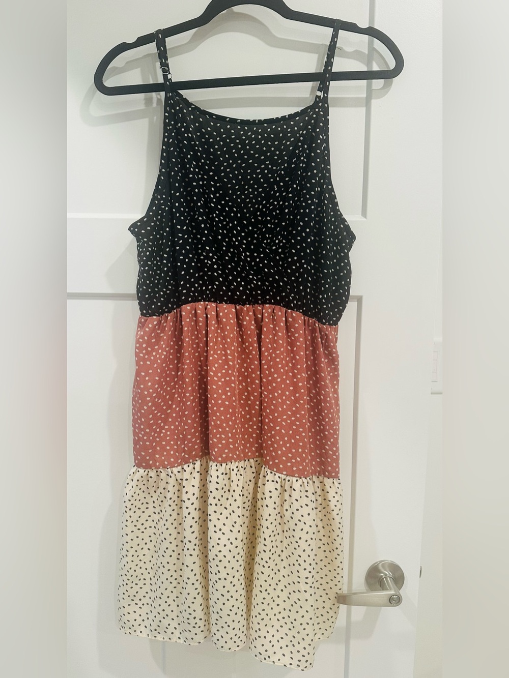 Women’s Tiered Polka Dot Spaghetti Strap Dress - Black, Rust, Cream